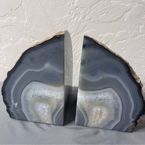 Crystal Droozy Agate Bookends Blue Thunder Egg Witchy Hippy Decor Medium - Picture 5 of 6